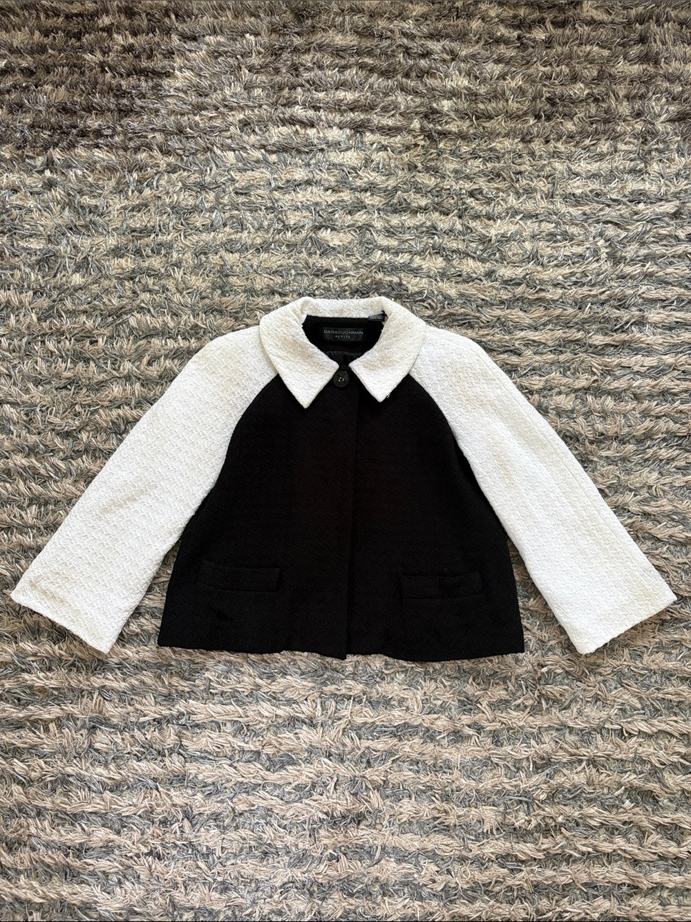 Dana Buchman Tweed Cropped Blazer Jacket Colorblock Black White Petite 0 AS IS